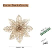 12 件圣诞闪光一品红装饰香槟金人造一品红花朵树饰带夹子圣诞花适用于婚礼节日派对装饰，圣诞节 - 查看 2