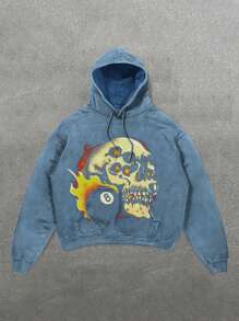 Hemo Men's Washed Vintage Skull Print Drawstring Hooded Casual Sweatshirt - Blue - View 1