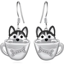 Creative Personality Shining Black And White Rhinestone Cute Husky Stud Earrings For Women Exquisite Cartoon Puppy Animal Jewelry Accessories Gift For Mother, Wife, Daughter, Girl - 銀色 - 查看 11
