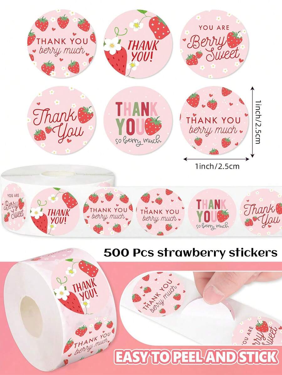 500 miếng/cuộn Hình Quả Dâu Tây Màu Hồng Dễ Thương Cảm Ơn Miếng Dán Tự Dính, 1 inch/1,5 inch, Thiết Kế Họa Tiết 6 Loại Trái Cây Miếng Dán Trang Trí, Thích Hợp Cho Đồ Dùng Tiệc Sinh Nhật Mùa Hè, Miếng Dán PVC