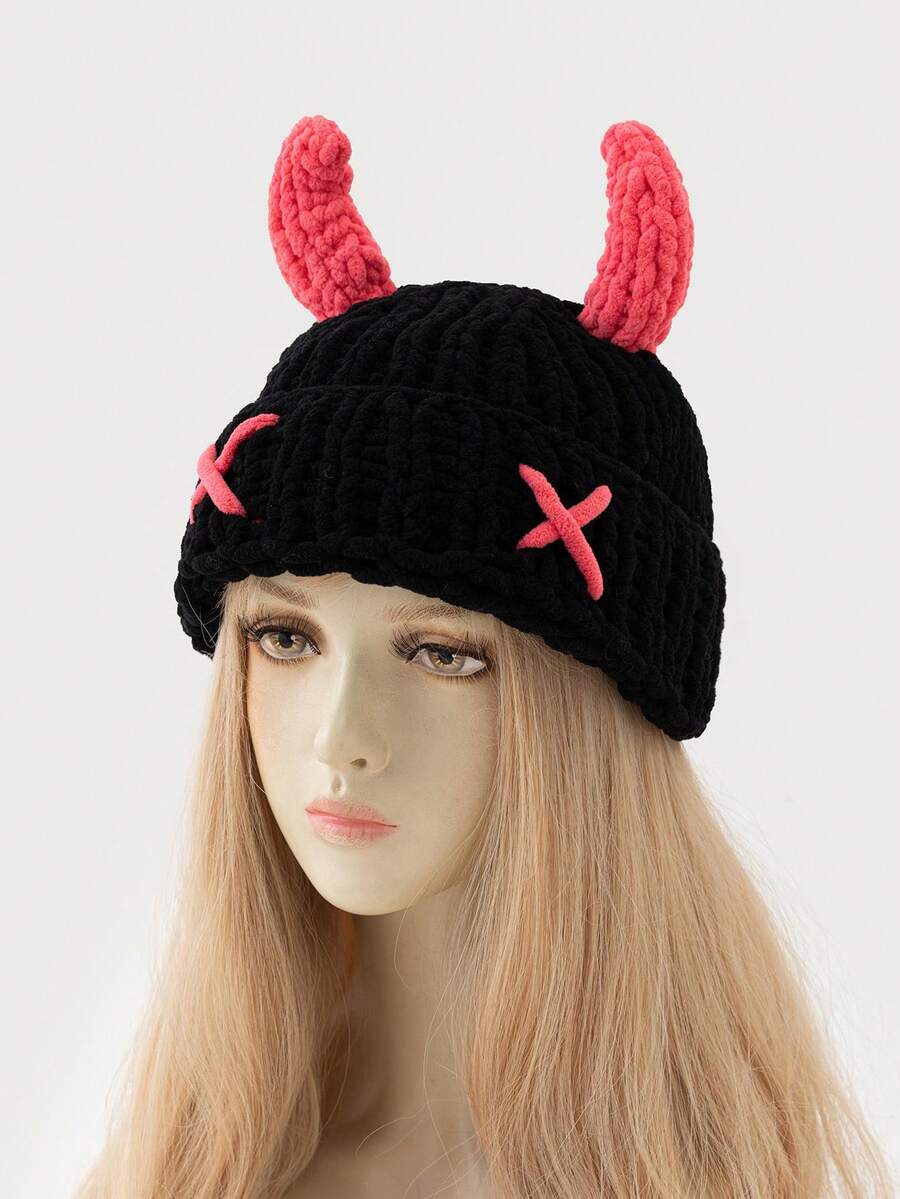 1pc Women Fashionable Devil Horn Decor Thick HandKnit Hat, Warm