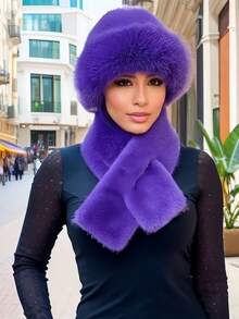 1 Set Of Winter Fluffy Hat & Scarf, Thick Warm Fashion Ear Protection, Elegant Casual, Polyester Material, Fluffy Splicing, Warm, Windproof, Sexy Lady, Autumn/Winter