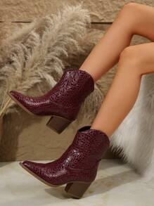 Women's Purple -Embossed Shiny Pointed-Toe Square Block Heel Western Ankle Boots,Cowboy Boots - Red Violet - View 3