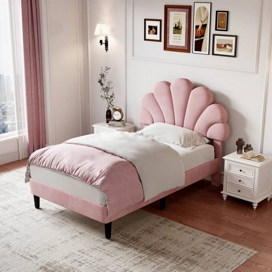 Flieks 3ft Single Upholstered Velvet Bed Frame, With Adjustable Chic Petal Headboard, Velvet Platform Bed Frame With Solid Wood Slat, No Box Spring Needed, Easy Assembly - Pink - View 1