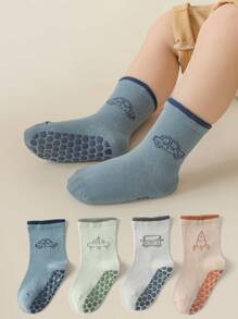 4 双汽车图案防滑中筒袜，适合男婴，适合学步幼儿，秋冬季 - 彩色 - 查看 1