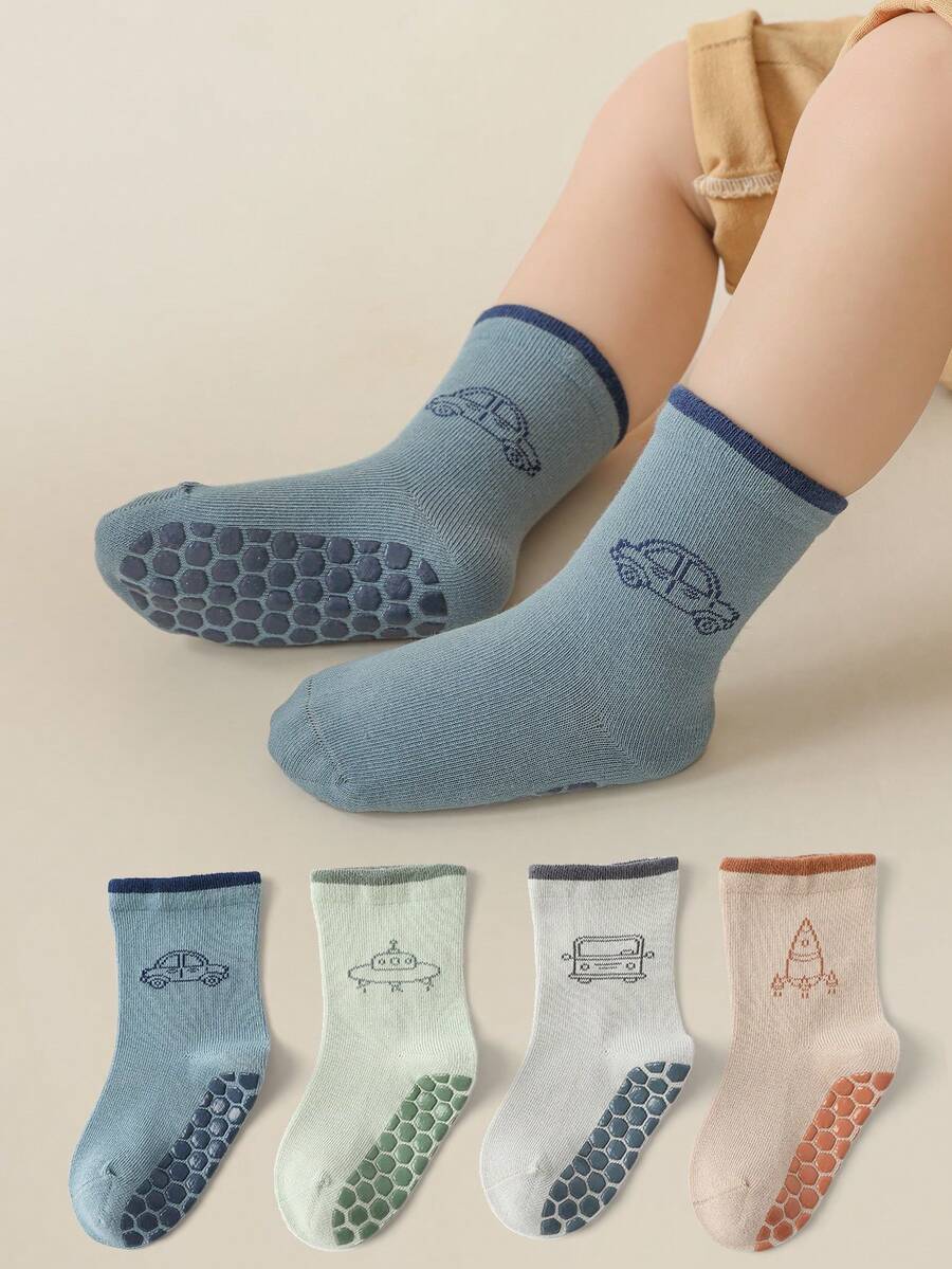 4 双汽车图案防滑中筒袜，适合男婴，适合学步幼儿，秋冬季 - 彩色 - 查看 1