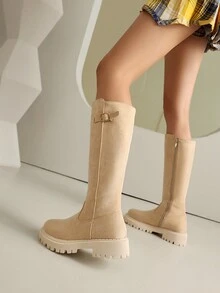 Women's Beige Suede Skinny Fashion Boots, Casual Skinny Boots, Faux Suede Boots, Western Cowboy Boots, Fashionable Casual Riding Boots - Beige - View 4