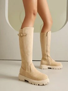 Women's Beige Suede Skinny Fashion Boots, Casual Skinny Boots, Faux Suede Boots, Western Cowboy Boots, Fashionable Casual Riding Boots - Beige - View 2