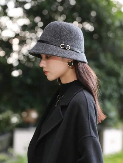 1pc Women Vintage Elegant Warm Wool Blend Bucket Hat With Leather Belt Buckle, Suitable For Daily Wear, Weekend Gathering, Gift For Girlfriend, Christmas Gift