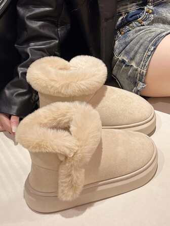 Women's Thick Sole Thermal Lined Casual Slip-On Shoes, Fashionable Korean Style Slippers, Warm For Autumn/Winter,Fur Boots