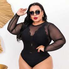 Black Sheer Long Sleeve Tulle Bodysuit + Plus Size Lace Top Set - 黑色 - 查看 2