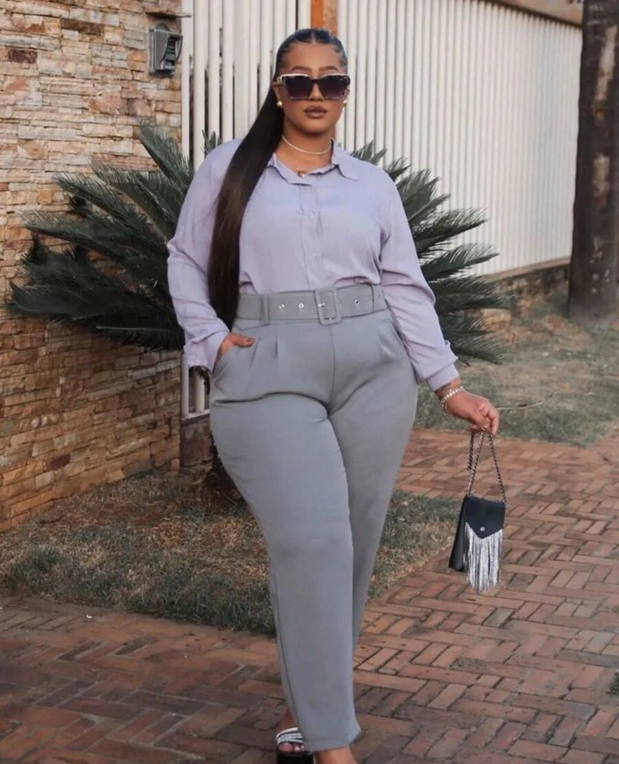 Plus Size Tailored Pants With Belt, High Waist, Elegant, Formal - 淺灰色 - 查看 1