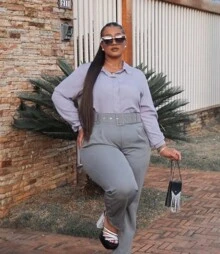 Plus Size Tailored Pants With Belt, High Waist, Elegant, Formal - 淺灰色 - 查看 2