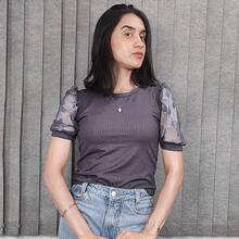 Women's Ribbed Blouse With Puff Sleeves, Tulle Polka Dot Sleeve, Gringa Fashion, Evangelical Fashion - 灰色 - 查看 3