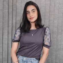 Women's Ribbed Blouse With Puff Sleeves, Tulle Polka Dot Sleeve, Gringa Fashion, Evangelical Fashion - 灰色 - 查看 1