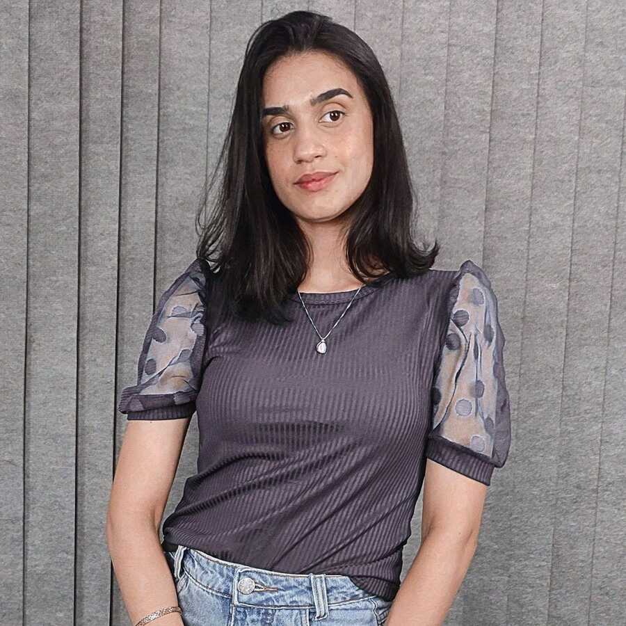 Women's Ribbed Blouse With Puff Sleeves, Tulle Polka Dot Sleeve, Gringa Fashion, Evangelical Fashion - 灰色 - 查看 1