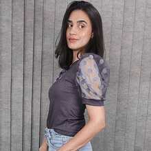 Women's Ribbed Blouse With Puff Sleeves, Tulle Polka Dot Sleeve, Gringa Fashion, Evangelical Fashion - 灰色 - 查看 2