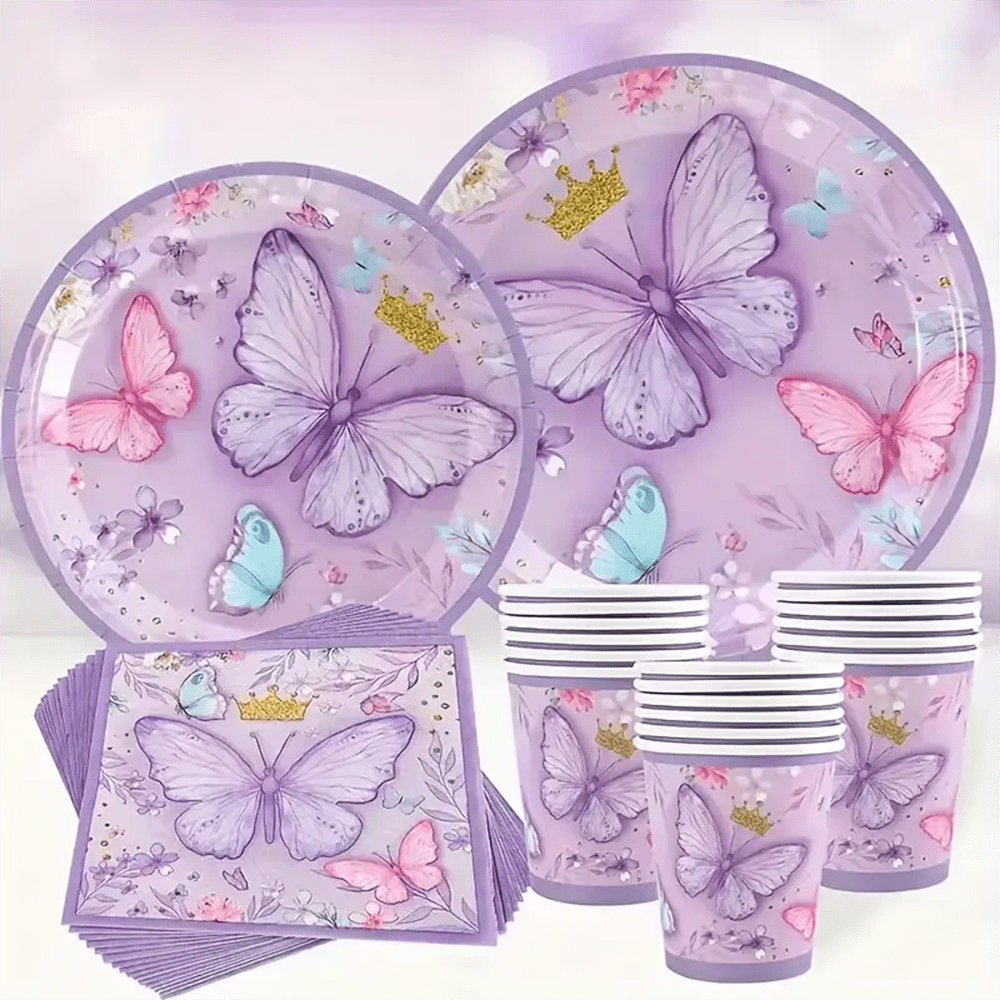 10 Stück Lila Schmetterling Party Zubehör Schmetterling Geburtstags Party Dekorationen Teller Becher Servietten Geschirr Set für Schmetterling Fee Themen Geburtstags Party Gastgeschenke