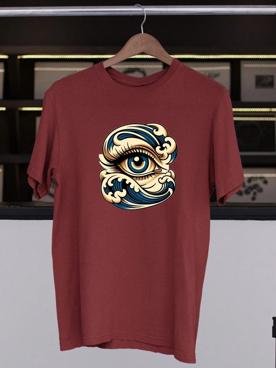 Men's Streetwear Swag T-Shirt Oriental Eye With Waves 100% Cotton Various Colors - Màu Đỏ Sâu - Xem 1