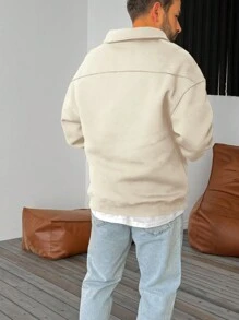 GLESTORE 男士復古硬幣印花純色聚酯纖維半拉鍊長袖抓絨衛衣，適合春秋冬季通勤與休閒穿著 - 米色 - 查看 5