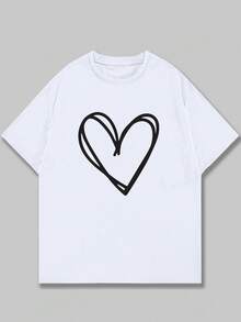 Basic Heart Print T-Shirt Unisex Blouse Men's Cotton Shirt - 黑色 - 查看 1