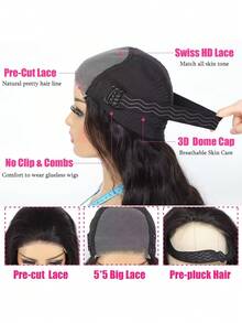 Body Wave 5x5 无胶假发 人发 预拔 预剪 5x5 蕾丝闭合假发 人发 180 密度无胶假发 适合初学者的人发 自然色 - SNatural - 查看 5