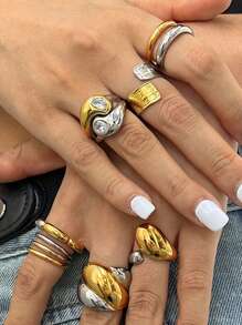 1 件女士不锈钢花朵戒指，金色和银色双色戒指，时尚叠层几何戒指，日常和派对珠宝礼物情人节