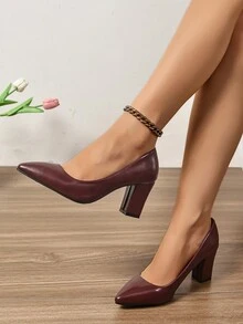 7厘米女士尖头粗跟工作正装高跟鞋 - 酒紅色 - 查看 2