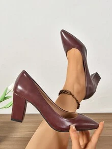 7厘米女士尖头粗跟工作正装高跟鞋 - 酒紅色 - 查看 6