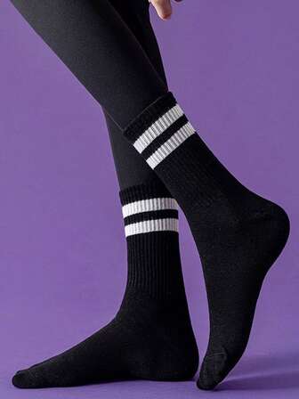 4/6 Çift Kadın Orta Baldır Çorapları, İlkbahar ve Yaz İçin Hafif İki Çubuklu Çizgili Çoraplar, Sade ve Japon Tarzı Son Derece Çekici Uyumlu Yoga Pantolonları Spor Uzun Çorapları, Spor Salonu, Sonbahar İçin