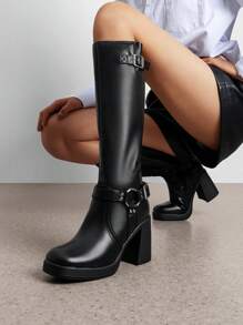 Women's Chunky Heel Platform Knee-High Boots Square Toe Side Zipper Adjustable Straps Buckle Decorated Motorcycle Riding Boots - 黑色 - 查看 2