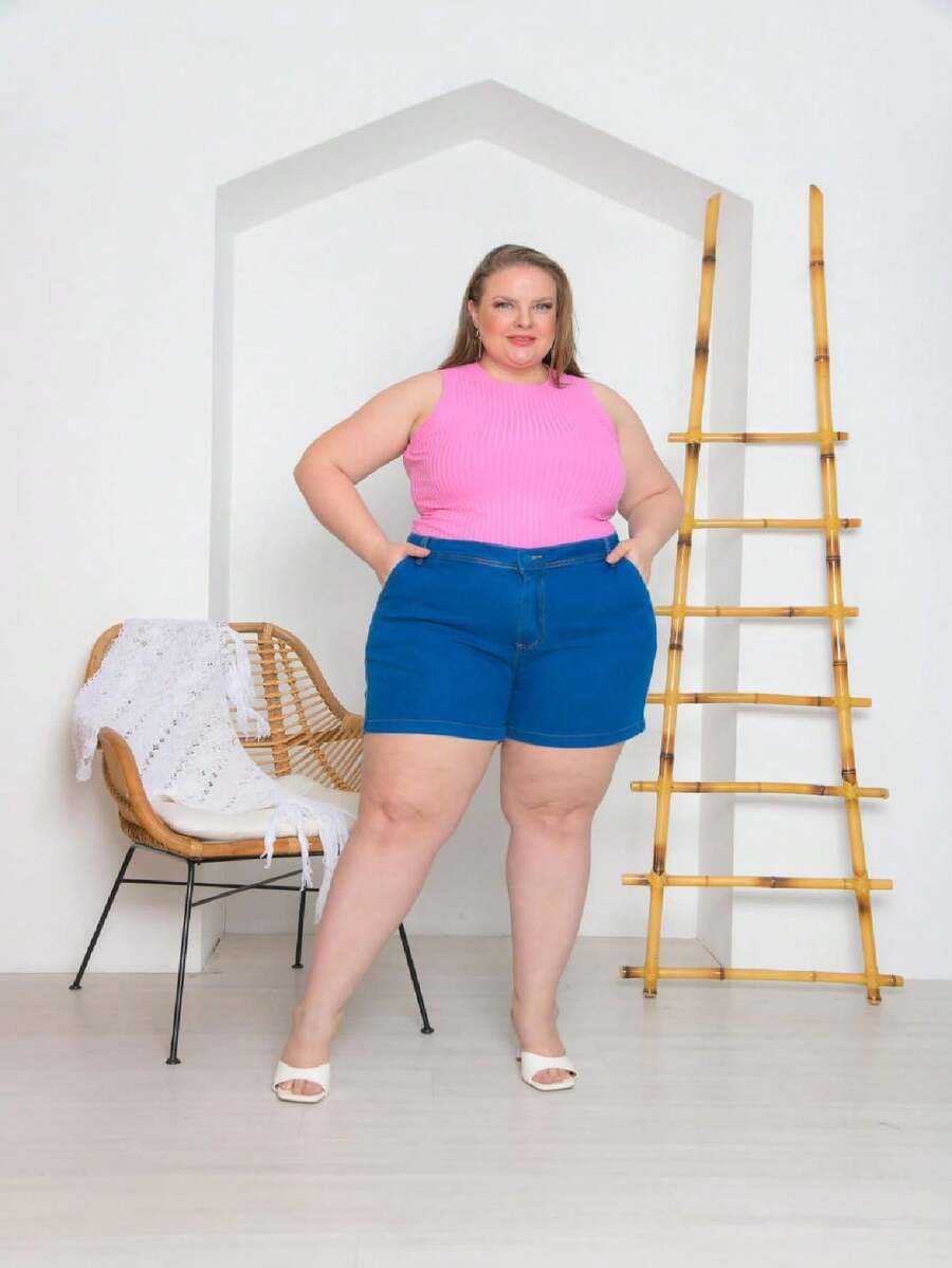 Women's Plus Size Mid-Thigh Shorts With High Waist And Frayed Hem - Rửa nhẹ - Xem 1