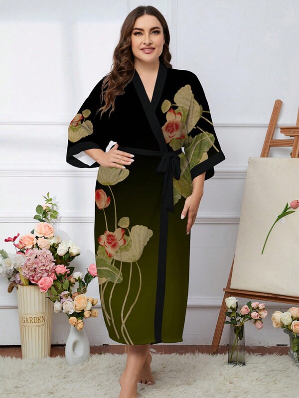 Elegant Plus Size Abaya With Graphic Print And Slight Stretch For Women
