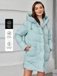 女士休闲纯色抽绳连帽棉服外套，冬季外套 - 薄荷綠 - 查看 1