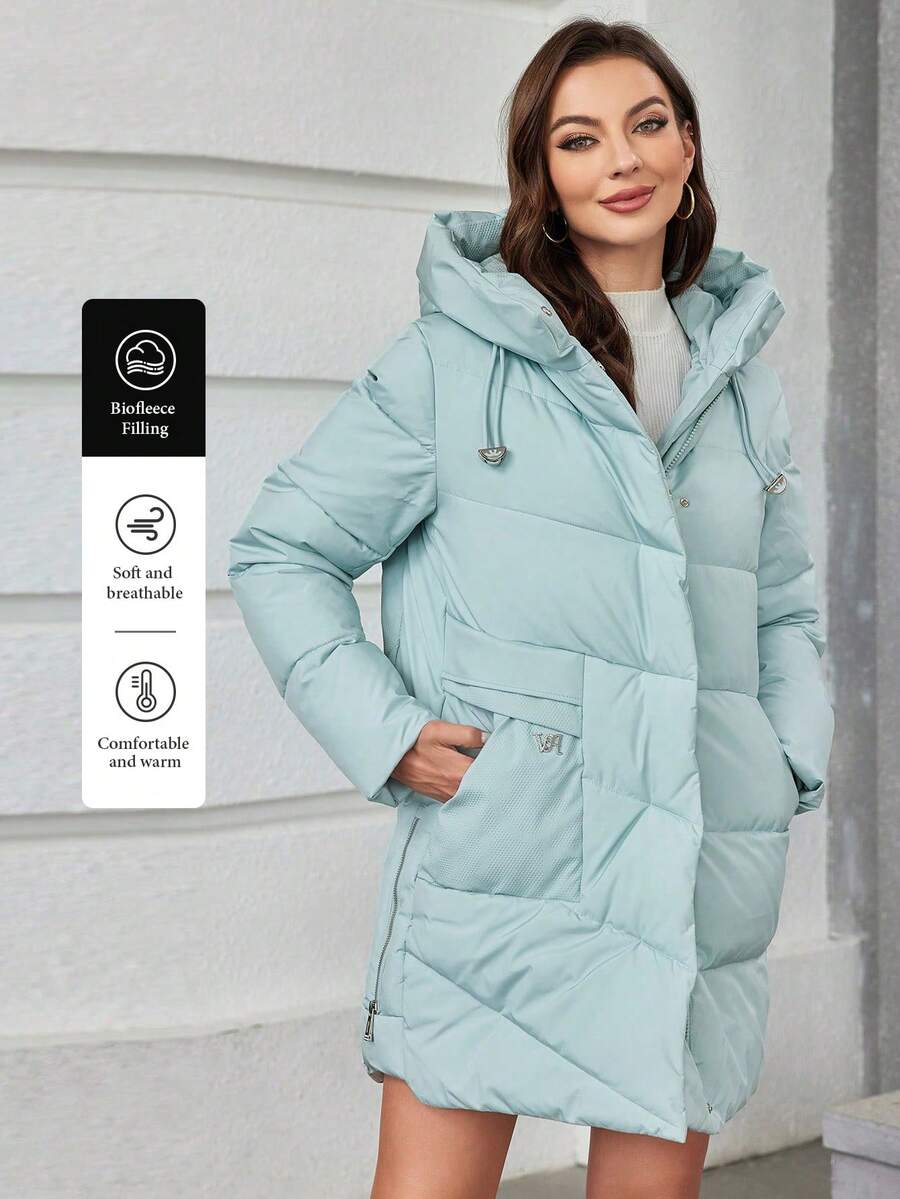 女士休闲纯色抽绳连帽棉服外套，冬季外套 - 薄荷綠 - 查看 1