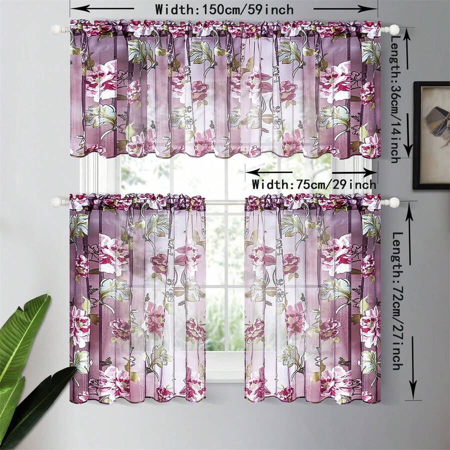 3 chiếc rèm cửa nhà bếp in hoa hồng tím phong cách nông thôn thanh lịch - Trang trí nhà cửa, dễ lắp đặt - Màu tím - Xem 1