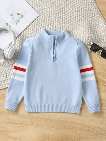 Young Boy School Style Colorblock Striped Half Zip Stand Collar Pullover Sweater, Suitable For Spring, Autumn & Winter