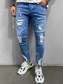 Men Skinny Fit Distressed Vintage Casual Elastic Denim Jeans - Blue - View 4
