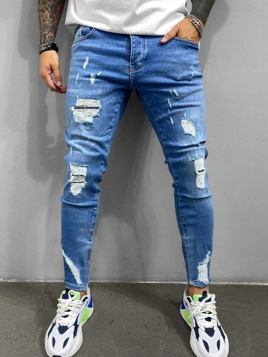 Men Skinny Fit Distressed Vintage Casual Elastic Denim Jeans - Blue - View 1