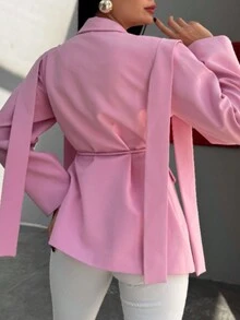 女士纯色翻领长袖宽松休闲西装外套，优雅春季穿搭，秋季女装 - 粉色 - 查看 3