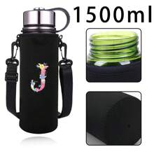 1pc Pink Floral & Letter Print Insulated Water Bottle Sleeve, Fits 550ml/750ml/1000ml/1500ml Bottles, Made Of Waterproof Nylon With Adjustable Strap, Suitable For Hiking, Camping, Sports - Black - View 20