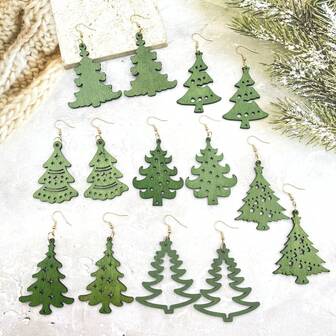 Juego de 7 pares de pendientes de madera con forma de árbol de Navidad verde, regalos navideños