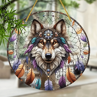 1pc Boho Style Solemn Gray Wolf Dream Catcher - 20cm*20cm Round Acrylic With Colorful Glass Window Sun Catcher - Multipurpose Indoor/Outdoor Wall Art For Porch, Patio, Garden, Office And Room Decor, Ideal And New Year Home Hanging Decoration Gift For Friends And Family, Animal Lover Special,Home Decor ,Room Decor,Wall Decor