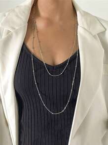 A Set Of Hip-Hop Minimalist Ball Chain Long Necklace Vintage Layered Metal Thin Chain Stainless Steel Jewelry - 67+97CM two - View 1