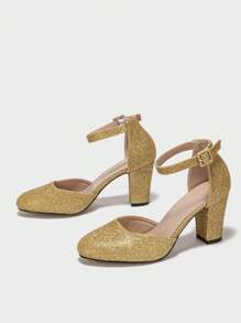 Fall/Winter 2025 Women's Thick Heel Round Toe Hollow-Out High Heel Pumps, Silver Business/Commuting Slip-On Shoes, Elegant, Party Outfits,Platform Heels For Women - Gold - View 5