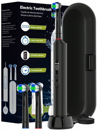 Kabellose Smart Ladestation Elektrische Zahnbürste, 4 Reinigungsmodi USB aufladbare elektrische Zahnbürste mit 2-Minuten Timer, LED Anzeige, Reiseetui & 2 Bürstenköpfe, kompatibel mit OralB Elektrische Zahnbürstenköpfen