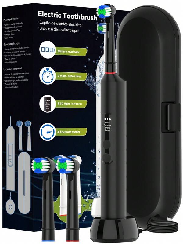 Cepillo de dientes eléctrico inalámbrico de carga inteligente, con 4 modos de limpieza, recargable por USB, con temporizador de 2 minutos, indicador LED, estuche de viaje y 2 cabezales de cepillo, compatible con cabezales de cepillo de dientes eléctricos