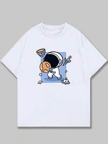Astronaut Playing Basketball T-Shirt Print Men's Shirt Premium Cotton Comfort Casual Short Sleeve - 白色 - 查看 1
