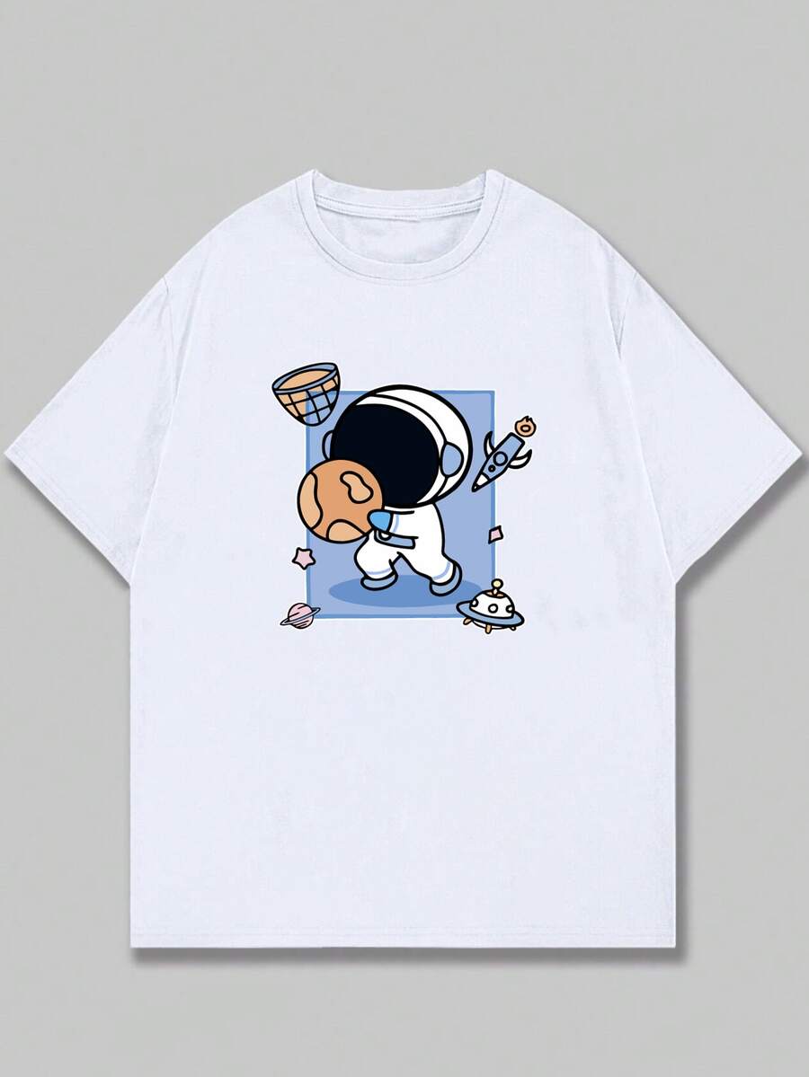 Astronaut Playing Basketball T-Shirt Print Men's Shirt Premium Cotton Comfort Casual Short Sleeve - 白色 - 查看 1