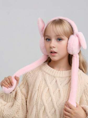 1pc Kids Solid Color Cute Rabbit Ear Moving Earmuffs, Warm & Fun Ear Covers For Autumn/Winter